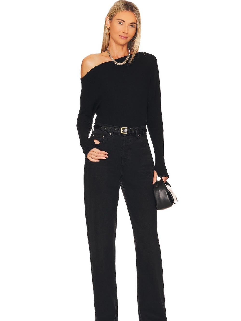 Enza Costa Slouch Top in Black Off-Shoulder Knit Sweater - Picture 3 of 7